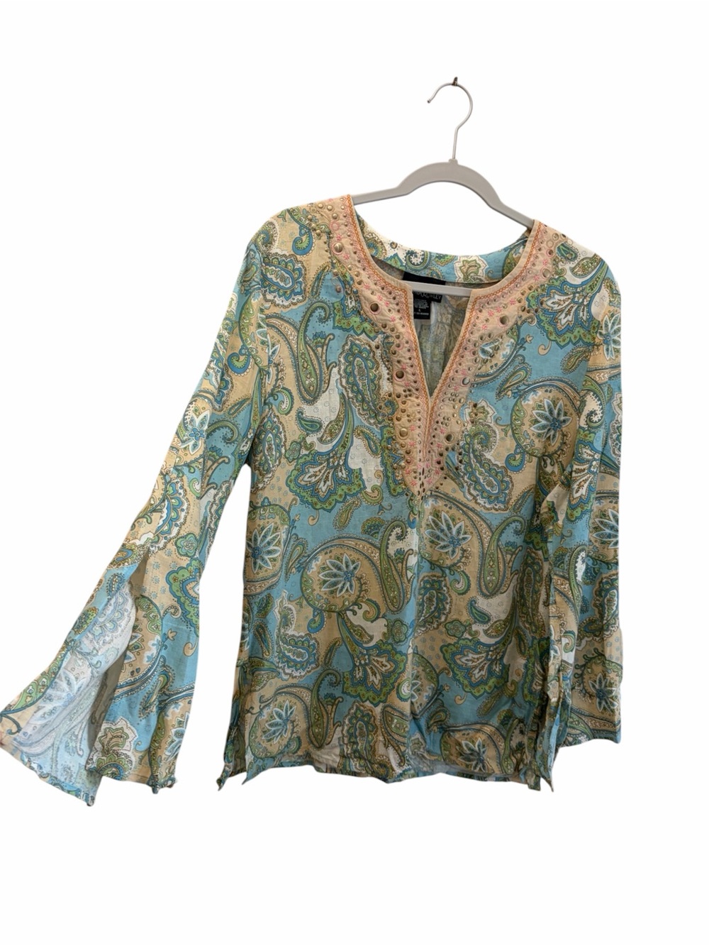 Cynthia Rowley 55% Linen Paisley Studded Pop-Over Blouse Split Sleeve Size Large